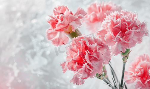 春天中摄影照片_康乃馨花园花在冰背景中冻结