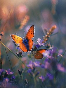 草地上的紫罗兰花上的橙色蝴蝶草地上的宏观蝴蝶