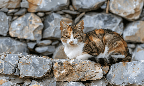 脾气暴躁的猫摄影照片_灰色石墙上的流浪猫肖像