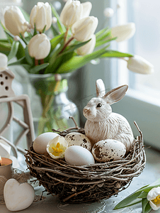 快乐的复活节巢配有鹌鹑蛋、心白兔和郁金香花束垂直视图