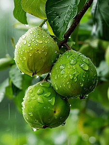 绿番石榴水番石榴或水苹果仍然年轻湿着露水挂在树上