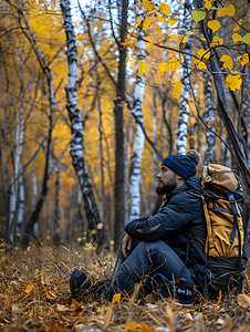 背着背包的旅行者在秋天的森林里在树林旁的大自然中休息