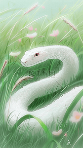 清新蛇年青色草丛里的青白色小蛇背景素材