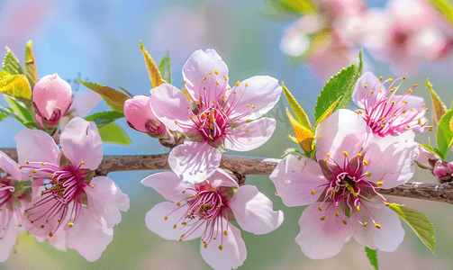 绿色灌木上开花的粉红杏仁李属三叶粉红花