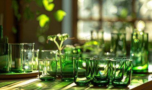 玻璃器皿桌子上有玻璃绿色的盘子