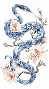 国风国潮传统蛇年蓝色青花瓷花朵和花蛇素材
