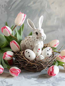 快乐的复活节巢配有鹌鹑蛋、心白兔和郁金香花束垂直视图