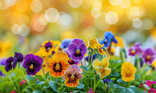 夏季花园紫色和黄色紫罗兰花在户外绽放的紫罗兰