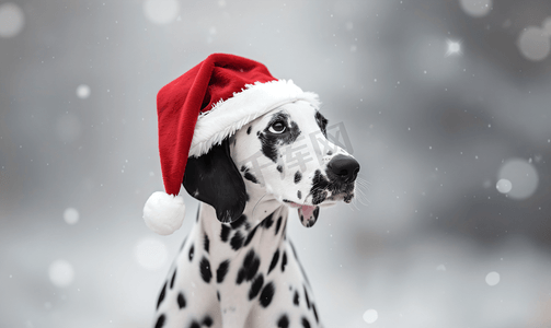 戴着圣诞帽的达尔马提亚狗