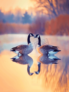 一对加拿大鹅在乡村渔湖上
