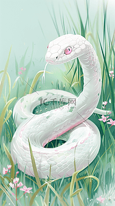 清新蛇年新年青色草丛里的白蛇背景