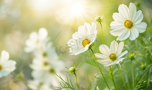 早晨阳光下的白色波斯菊花