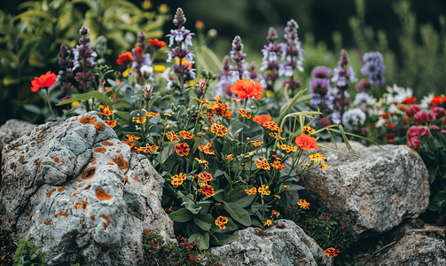 后院岩石花园夏季花坛上盛开的各种花朵