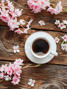 木桌上有春花的咖啡高角度拍摄