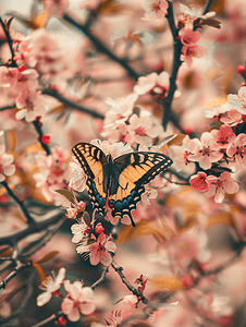 一棵盛开的桃树上一只虎凤蝶正在休息