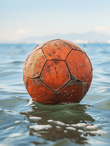 处罚公式摄影照片_漂浮在海洋中的旧瘪足球