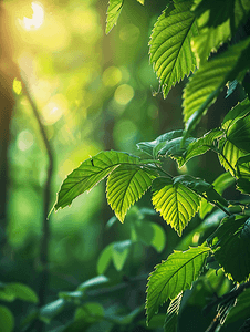 背景色调图像与阳光照射的绿色夏季森林灌木丛的软焦点