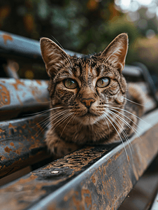 特写：一只猫在钢凳上好奇地面对镜头