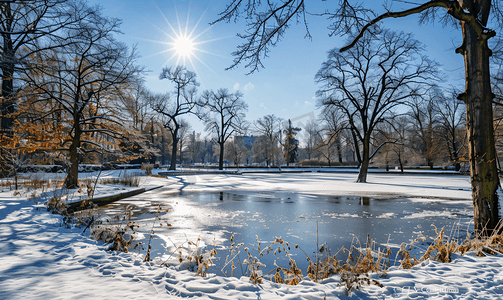 阳光明媚的冬日波兰华沙公园里冰冻的湖泊景观