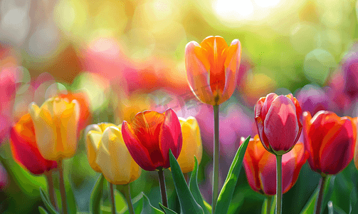 鲜艳颜色摄影照片_有条纹郁金香的花坛多彩多姿的花朵