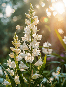 花环夏天摄影照片_花园绿叶和散景背景上的白色丝兰花