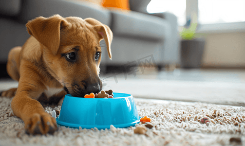 棕色的狗在地板上玩咬玩具蓝色碗