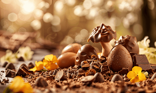 背景上的巧克力复活节鸡油菌和巧克力蛋