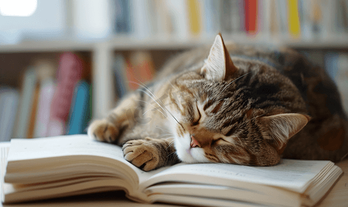 可爱的猫在学习时睡着了