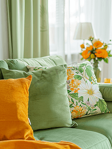 客厅绿色沙发上的明亮枕头舒适的房子内部