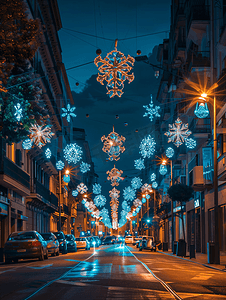 城市的夜晚摄影照片_西班牙阿利坎特夜晚街道上的圣诞彩灯