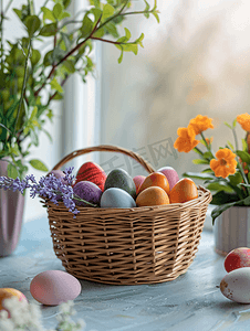 复活节假期篮子灯光背景中有彩色鸡蛋