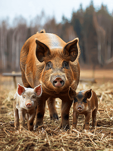 棕色小猪和它的两只小猪