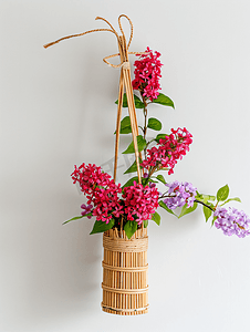 白墙上挂着红丁香花的竹花瓶背景孤立
