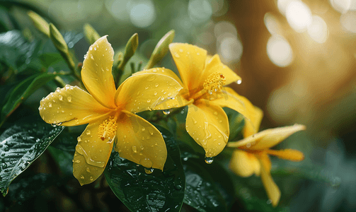 花园中美丽的开花黄色热带植物