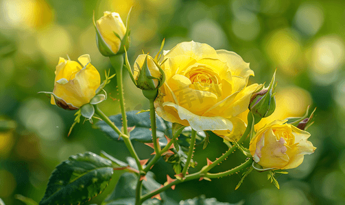 夏季玫瑰园中带芽的黄色花园玫瑰