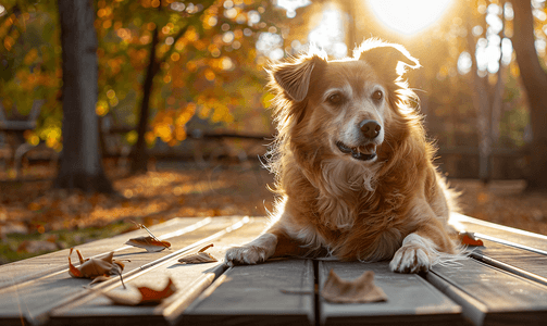 阳光明媚的秋日狗躺在野餐桌上