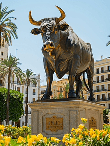 在温暖的暑假里西班牙阿利坎特有公牛雕像的广场