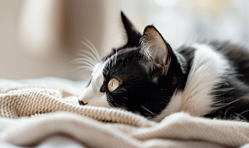 躺在软布上的家养燕尾服猫