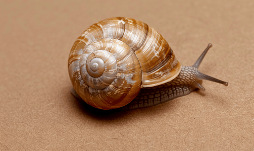 棕色小动物摄影照片_棕色背景中的小蜗牛壳特写