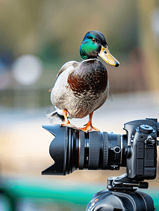 一只鸭子坐在专业相机镜头上动物照片
