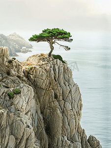 岩石海岸上的蒙特利柏树