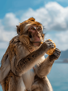 一只巴巴里猕猴在吃面包卷背景是天空