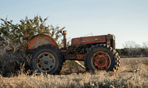 一辆生锈的旧拖拉机停在灌木丛旁的田野里
