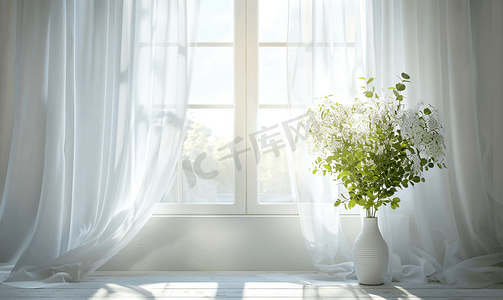 窗口背景摄影照片_阳光明媚的早晨窗户上有白色的窗帘背景