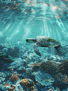 乌龟艺术摄影照片_绿海龟游动的珊瑚美丽清澈