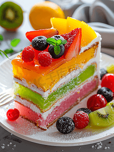 盘子里色彩缤纷的水果蛋糕图片