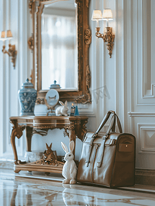 全面升级艺术字摄影照片_豪华酒店的古董包和兔子装饰