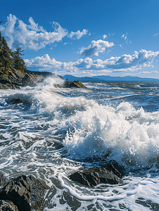 海浪冲击着胡安德富卡省立公园海岸上的岩石