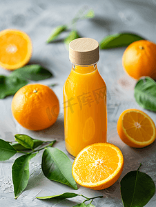 甜橙背景摄影照片_瓶新鲜橙汁和白色甜橙