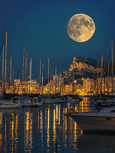 西班牙阿利坎特港口夜景与游艇与月亮